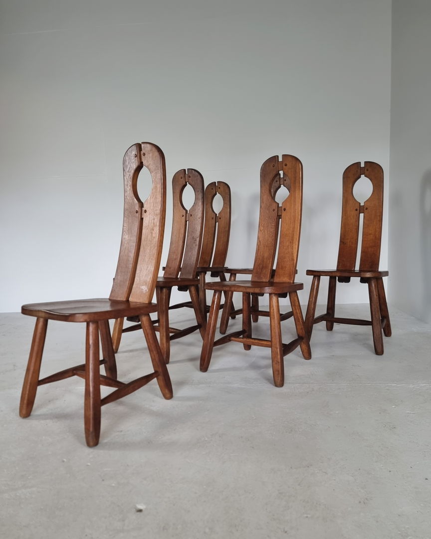 Mid-Century Set of 6 De Puydt High Back Oak Brutalist Dining